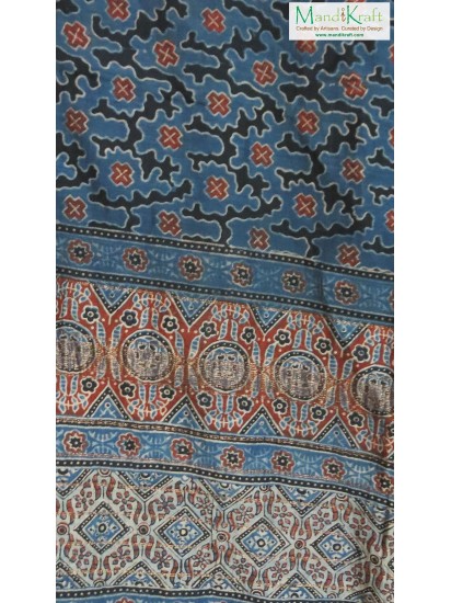 Ajrakh Print Maheshwari Silk Saree - Natural Dye - Indigo